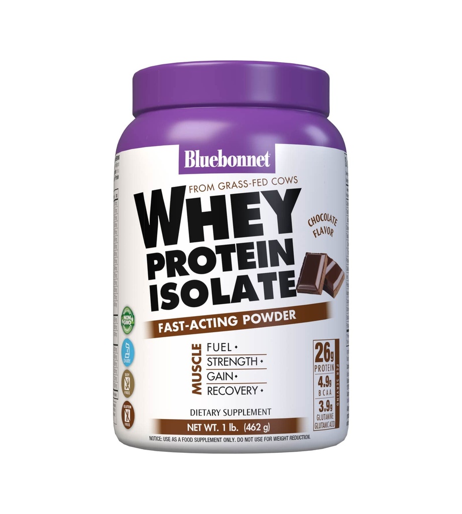 Bluebonnet Nutrition Whey Protein Isolate Powder, Whey From Grass Fed Cows, 26g de Protein, No Sugar Añadido, Gluten Free, Soy libre, kosher Dairy, 1 Lb, 14 Servings, Chocolate Flavor