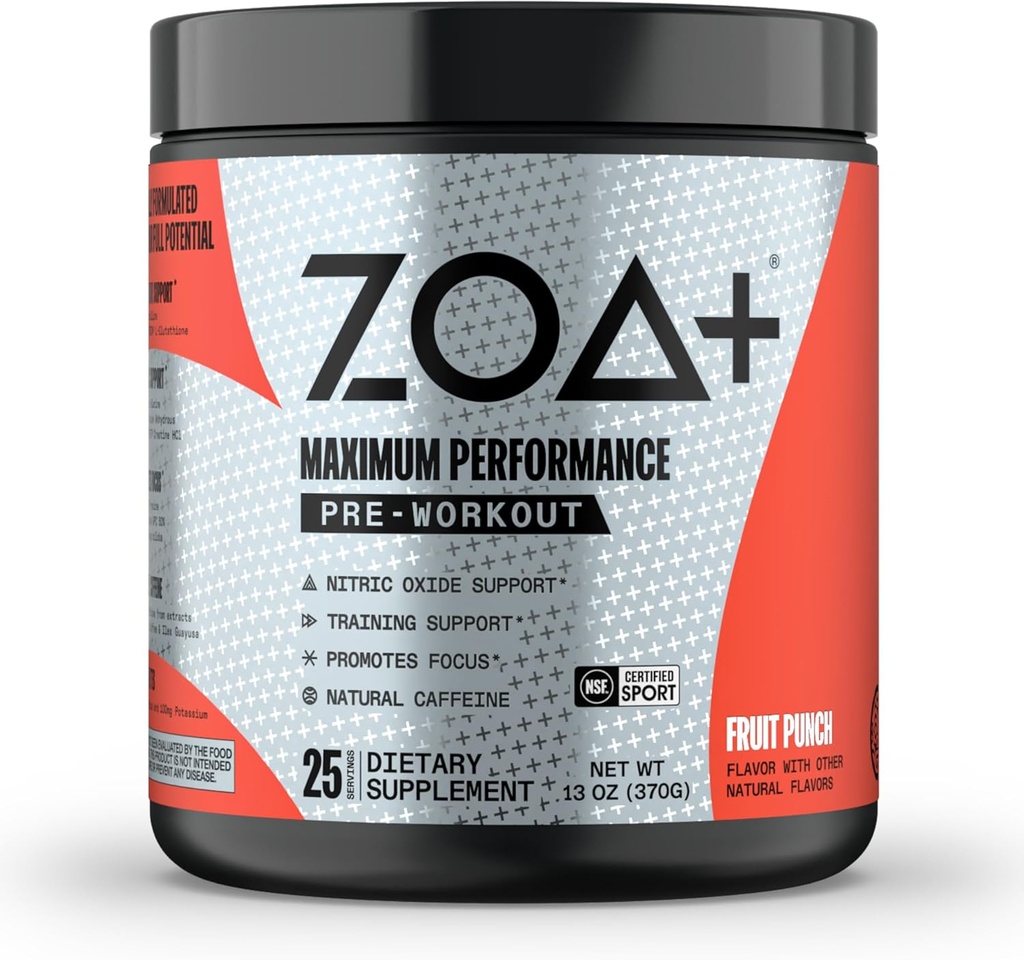 ZOA+ Zero Sugar Pre Workout Powder, Fruit Punch - NSF certificado para el deporte con electrolitos, Creatina, Beta Alanine, Ginkgo Biloba, 200 mg de cafeína - 25 servicios