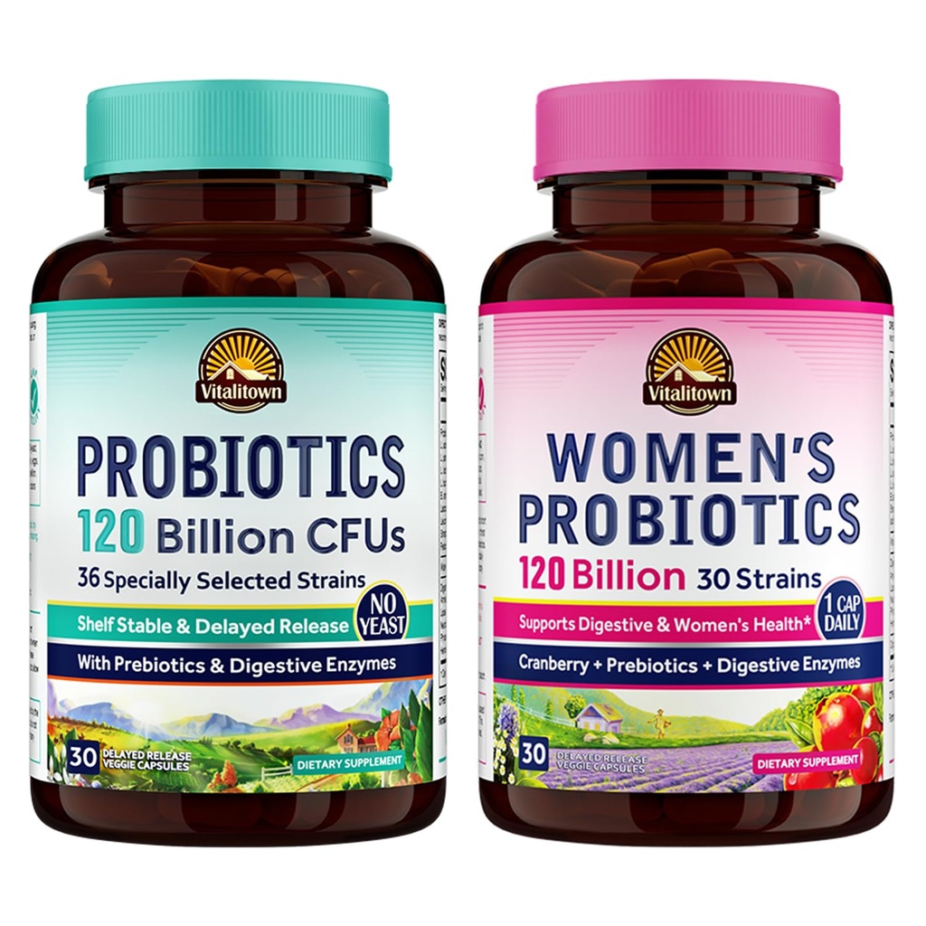 Vitalitown Probiotic Bundle (Pack of 2) ← Probiotics 120 Billion CFUs (Item 1) " Women’s Probiotics (Item 2) ¦ Shelf Stable, Once Daily ← Gut, Immune, Vaginal Health ← 60 Capsules ← 30 Day Supply