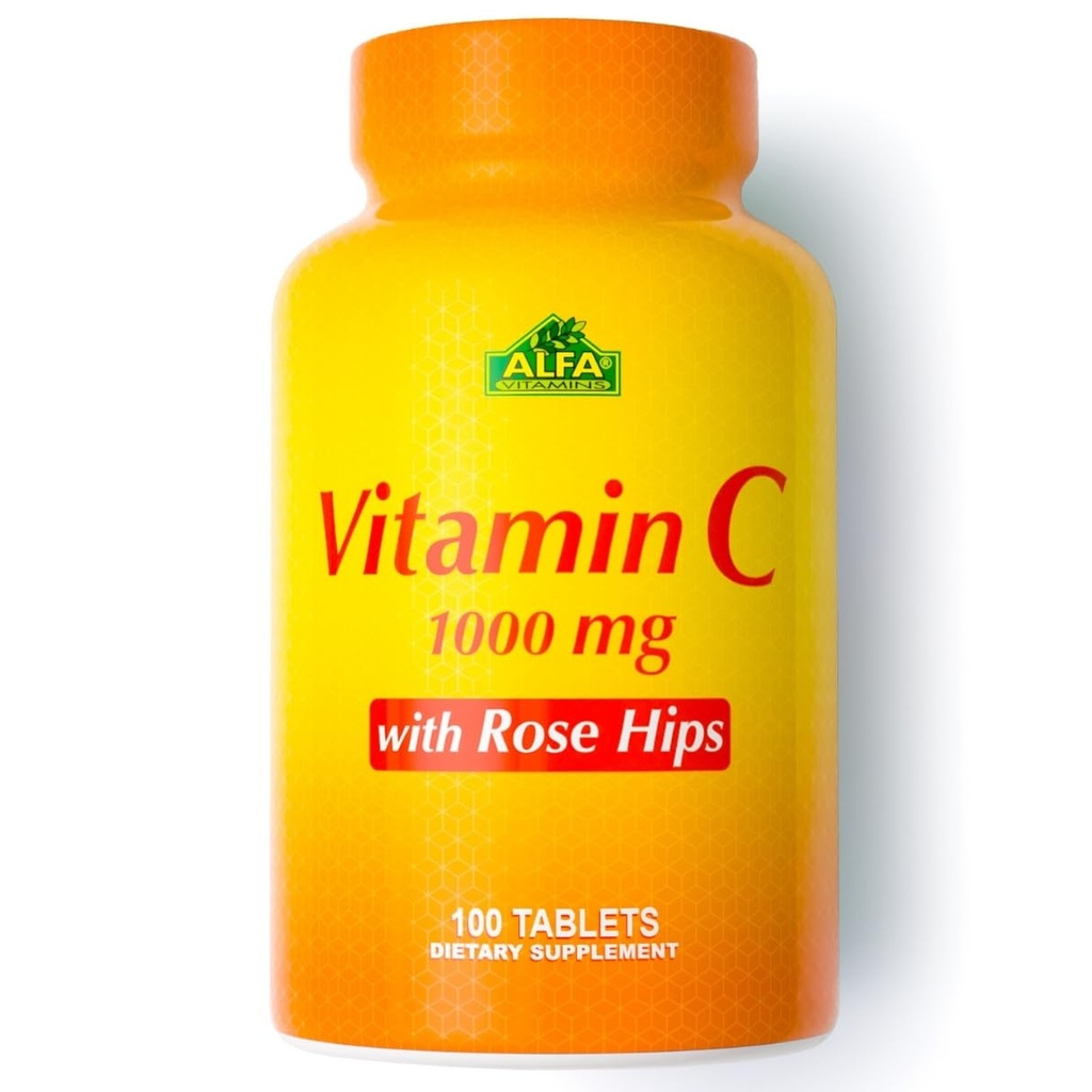 ALFA VITAMINS Vitamina C con Rosa HIPS con 1000 mg Vitamina C por Serving - Antioxidante &amp; Immune Soporte + Soportes Esquí sano &amp; Juntas - No GMO, Vegan, Gluten Free, Dairy Free - 100 Cuadros