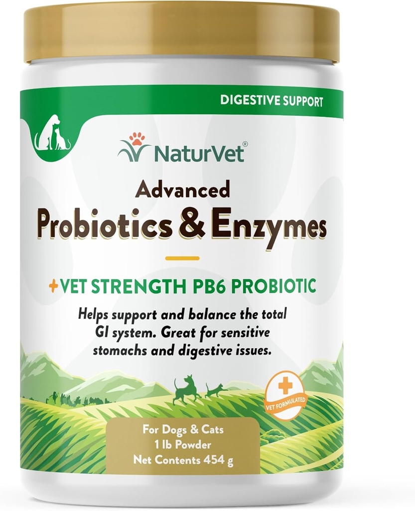 NaturVet – Probióticos avanzados " Enzymes - Plus Vet Strength PB6 Probiótico viv Apoyos y Balanzas Mascotas con Sensitive Stomachs " Digestive Issues  durable for Dogs & Cats (1 lb)