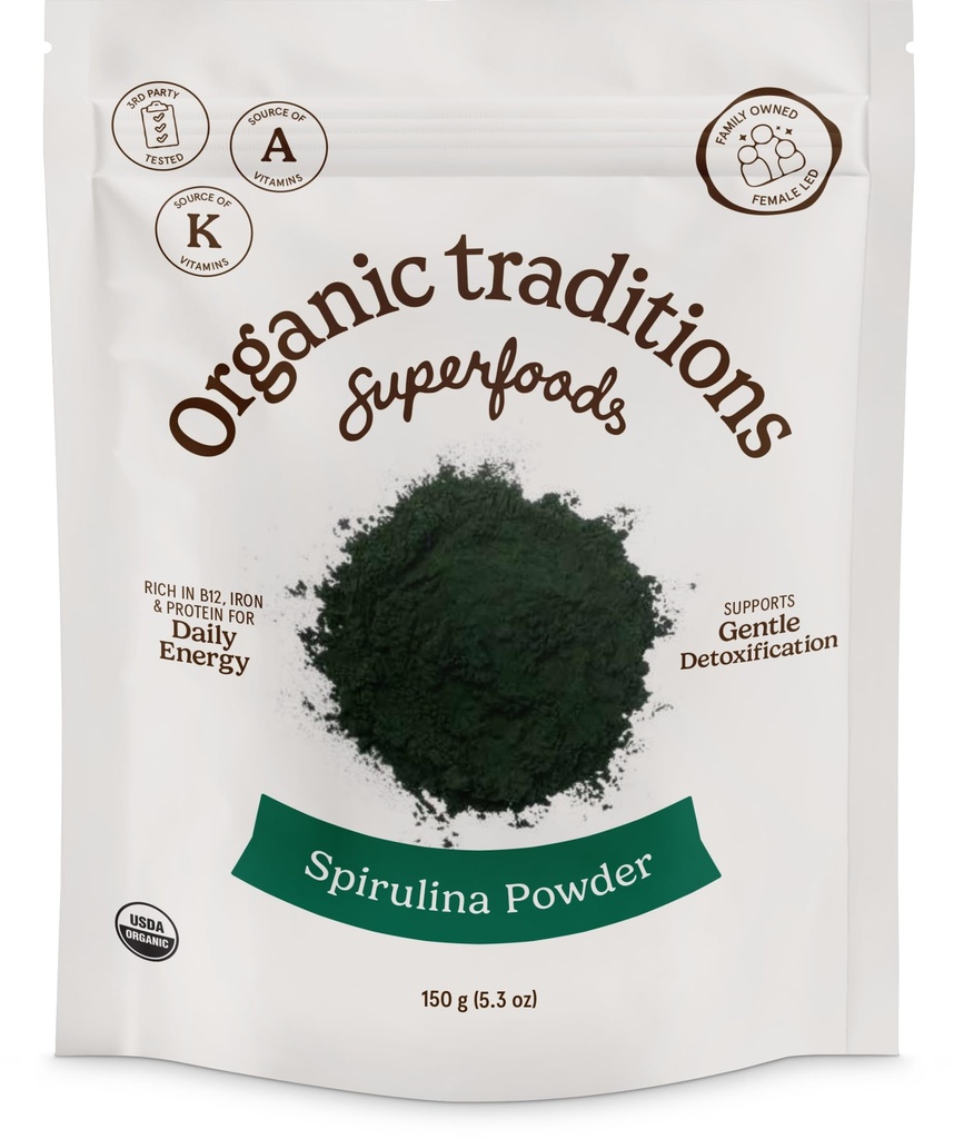 Organic Traditions Spirulina Powder Organic, Plant-Based Green Superfood for Smoothies, Rich Algae Powder for Energy Support, Easy Mixing Spirulina for Daily Wellness Routines, 150g / 5.3oz Bag
