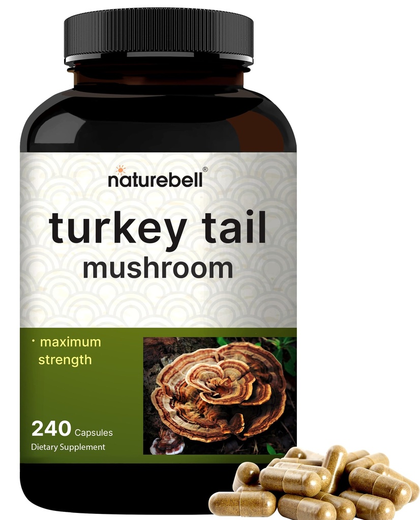 NatureBell Turquía Tail Mushroom Capsules 15,000mg Por Serving, 240 Cuenta viv 25:1 Fruto Cuerpo &amp; Extracto de Mycelium – Immune & Brain Health Mushrooms Suplemento.