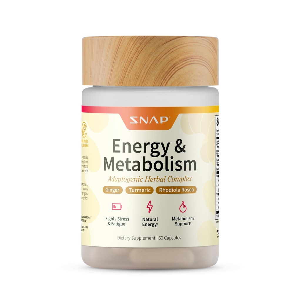 Snap Supplements Energy & Metabolism Herbal Complex for Fatigue, Stress Relief, Energy Booster & Better Mood, Energy Pills for Women &amp; Men, 60 Capsules (30 Servings, 1 Month Supply)