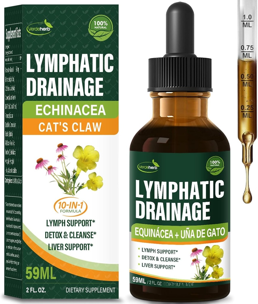Cleavers Lymphatic Drainage Drops Enhance Lymph System Detox Cleanse, Echinacea, Milk Thistle, Cats Claw, Turmeric, Dandelion, Burdock Immune Support Suplemento. 2oz