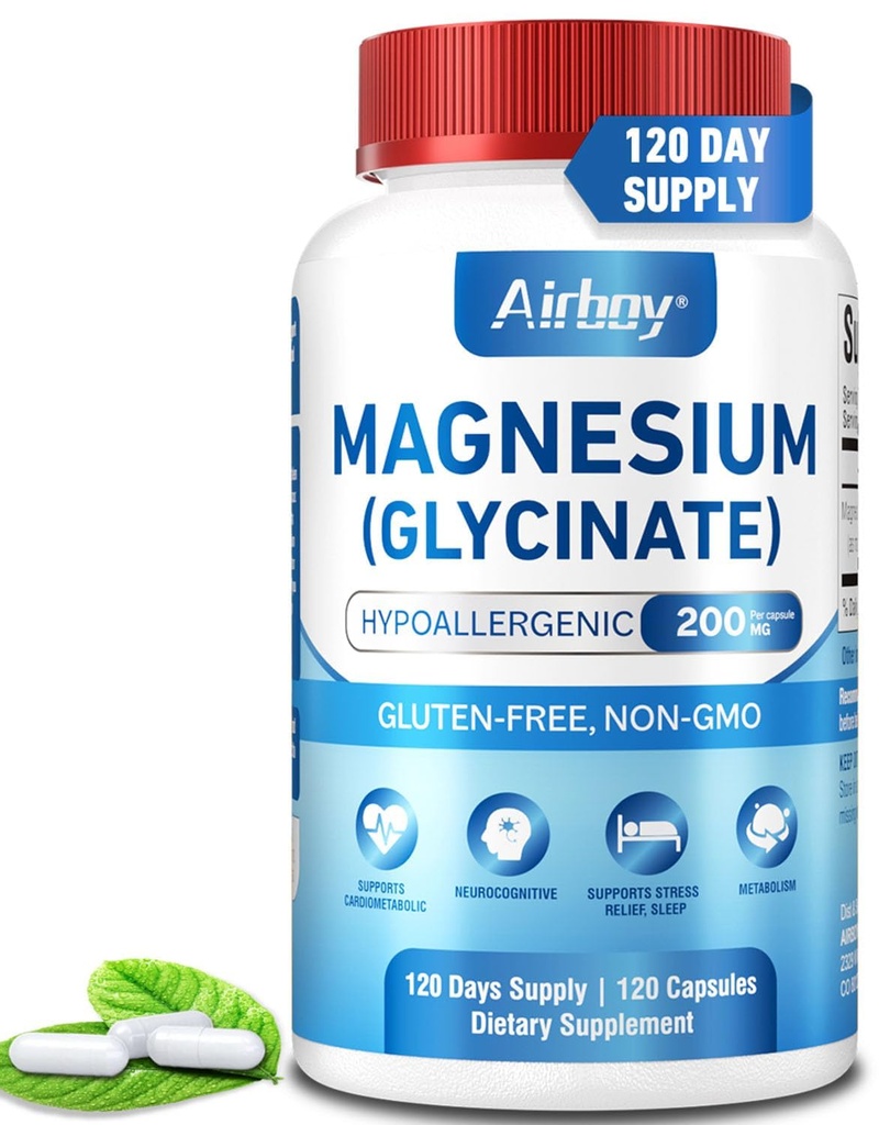 Airboy Magnesium Glycinate 200 mg, Mejor Magnesio Glycinate para el sueño, 120 cápsulas pequeñas veganas, alta absorción Soporte Relajación, sueño y calma Mood, no GMO y sin gluten