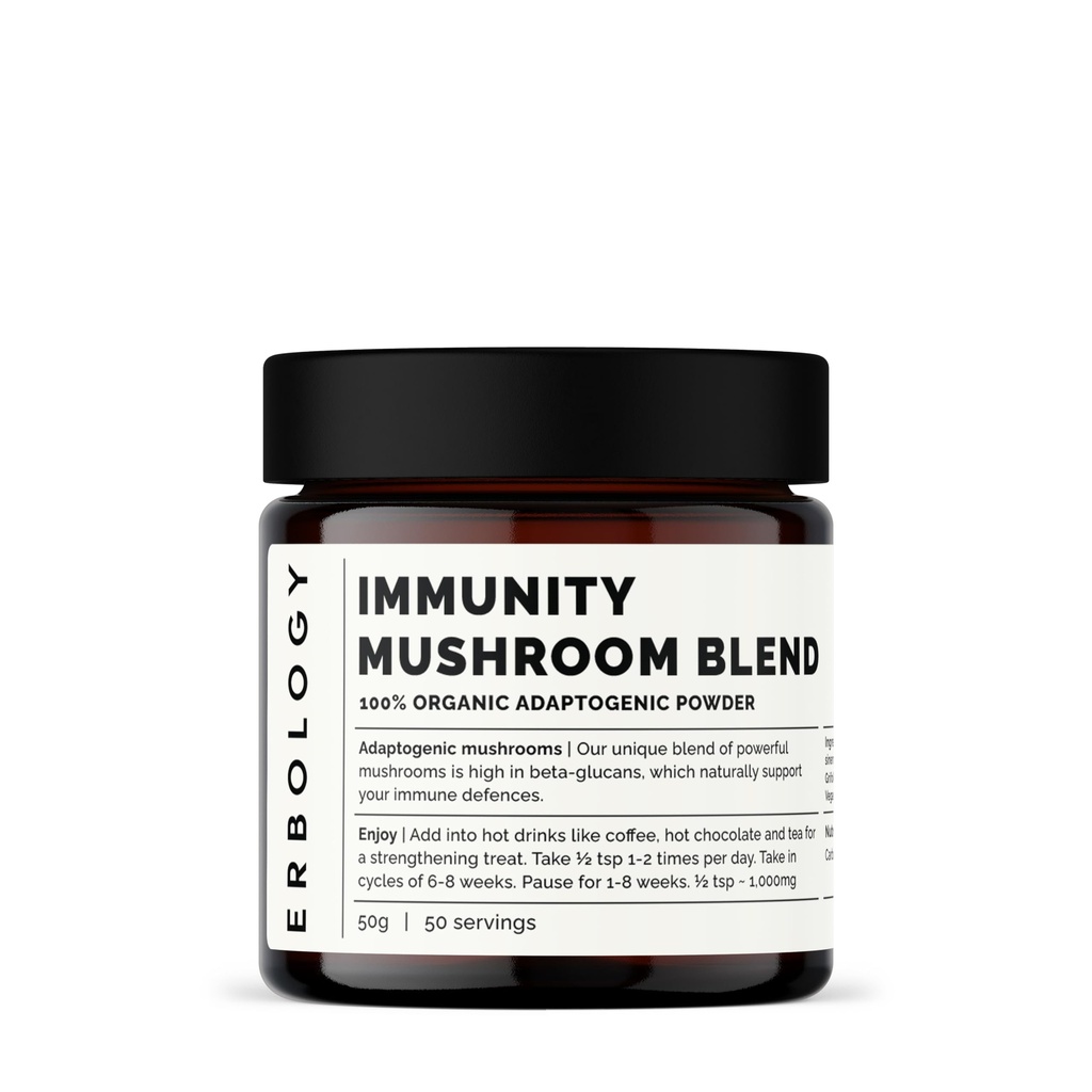 Erbology Organic Immunity Mushroom Complex 50 Servings - High in Beta-glucans - Reishi, Cordyceps, Lion's Mane, Turquía Tail - Constantemente Grown in Europe - Vegan - Non-GMO - No Añadido Fillers