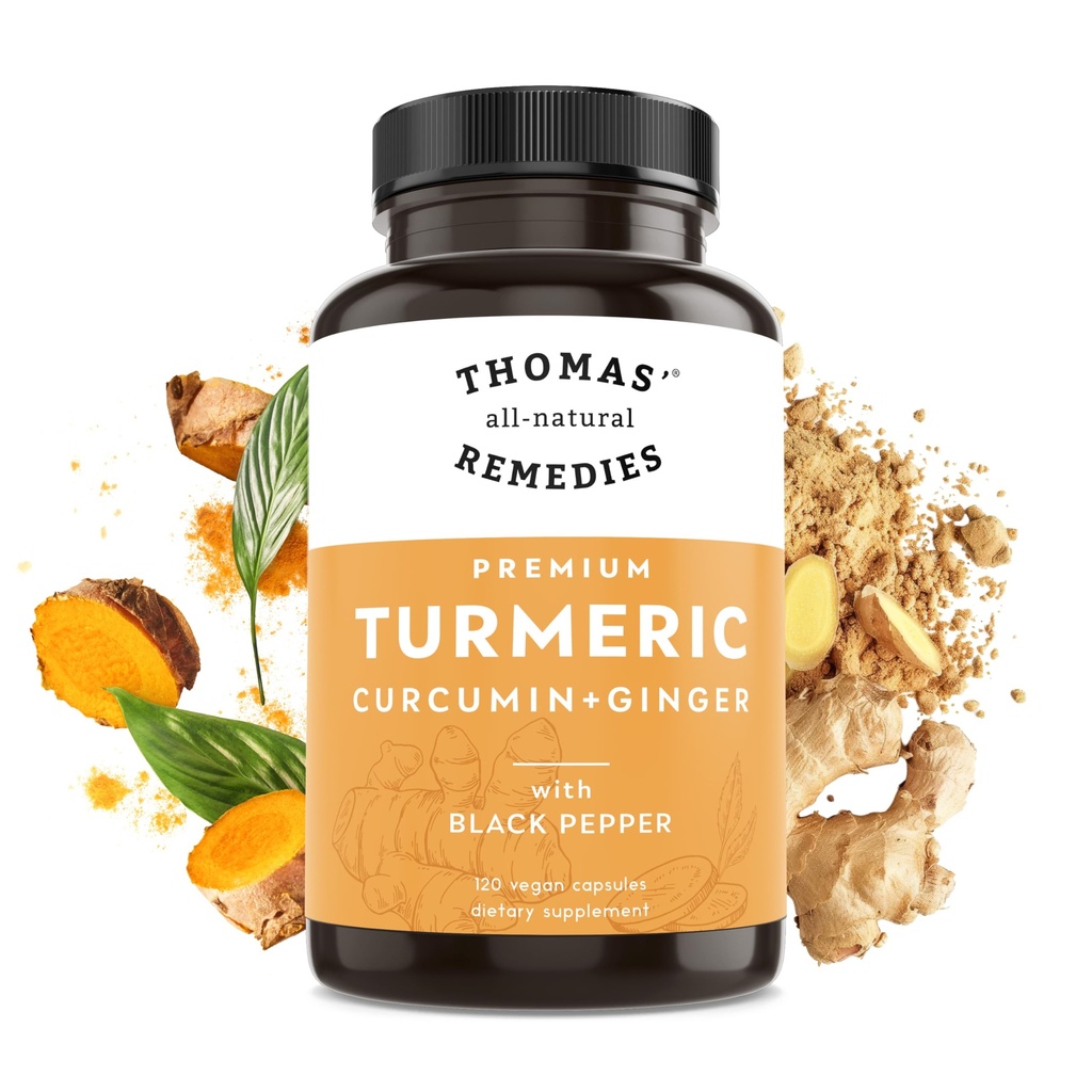 Remedios todo natural de Thomas Curcumina y jengibre de Turmérica con Pepper Negro, Turmérico orgánico Soporte Conjunto Suplemento- 95% Curcumina - NO rellenos, Vegan - 120ct