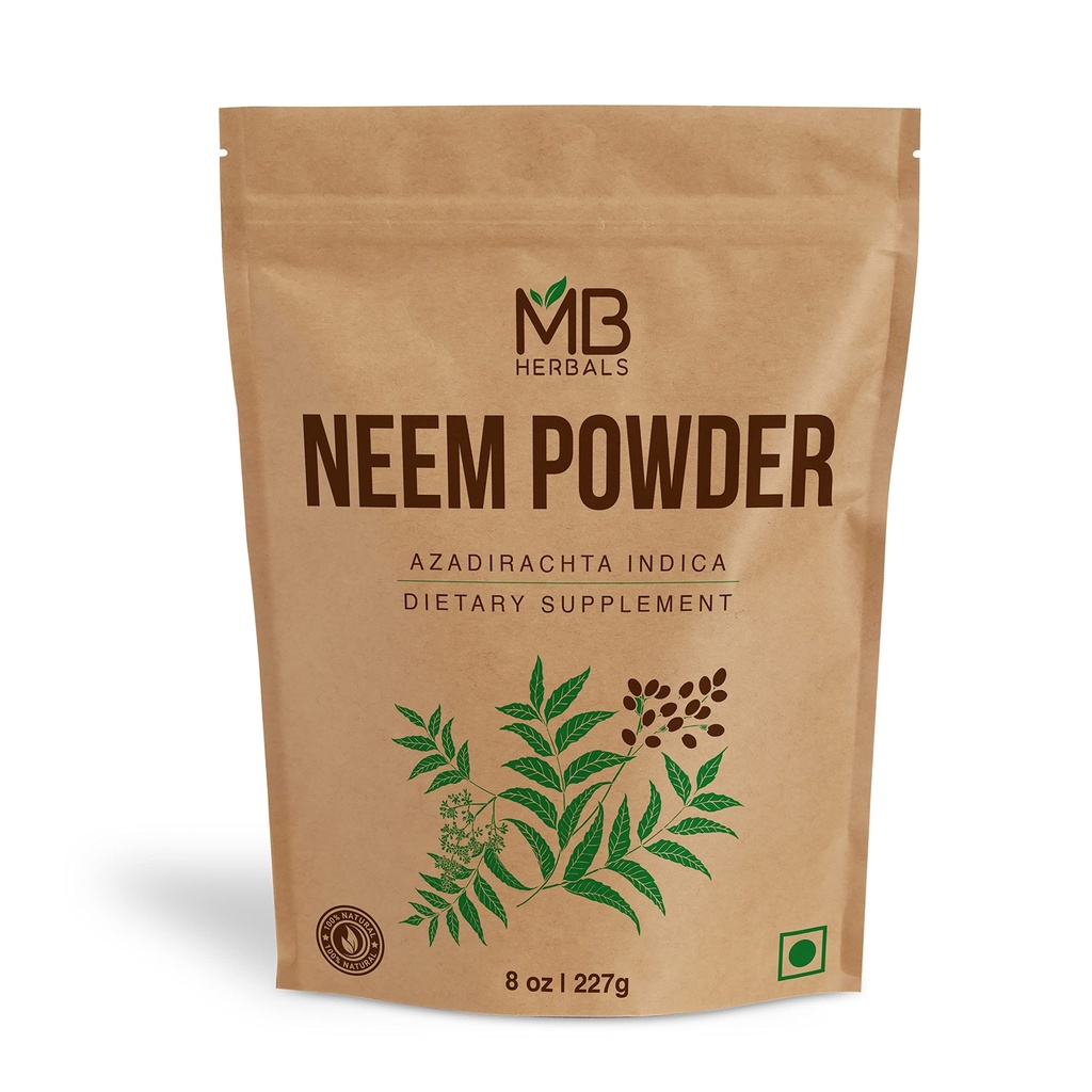 MB Herbals Pure Neem Powder 8 oz  227 Gram / 0.5 LB Pure Wild-Crafted Neem Leaf Powder ← Suplemento para la piel y el cabello ← Azadirachta Indica