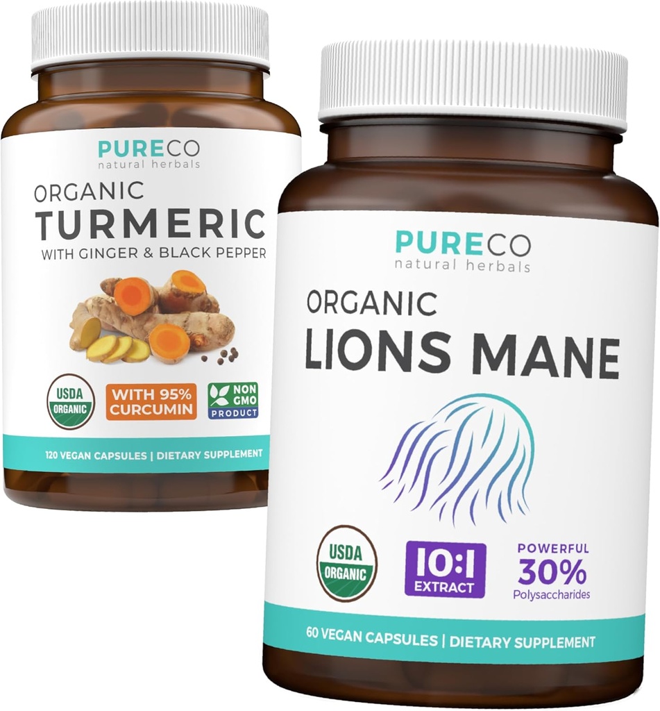 Turmeric " Lions Mane (1-Month Supply) Mindful Turmeric Bundle of Organic Turmeric Curcumin with Black Pepper " Ginger (120 Caps) " Organic Lions Mane Mushroom 10:1 Extracto (60 Caps)