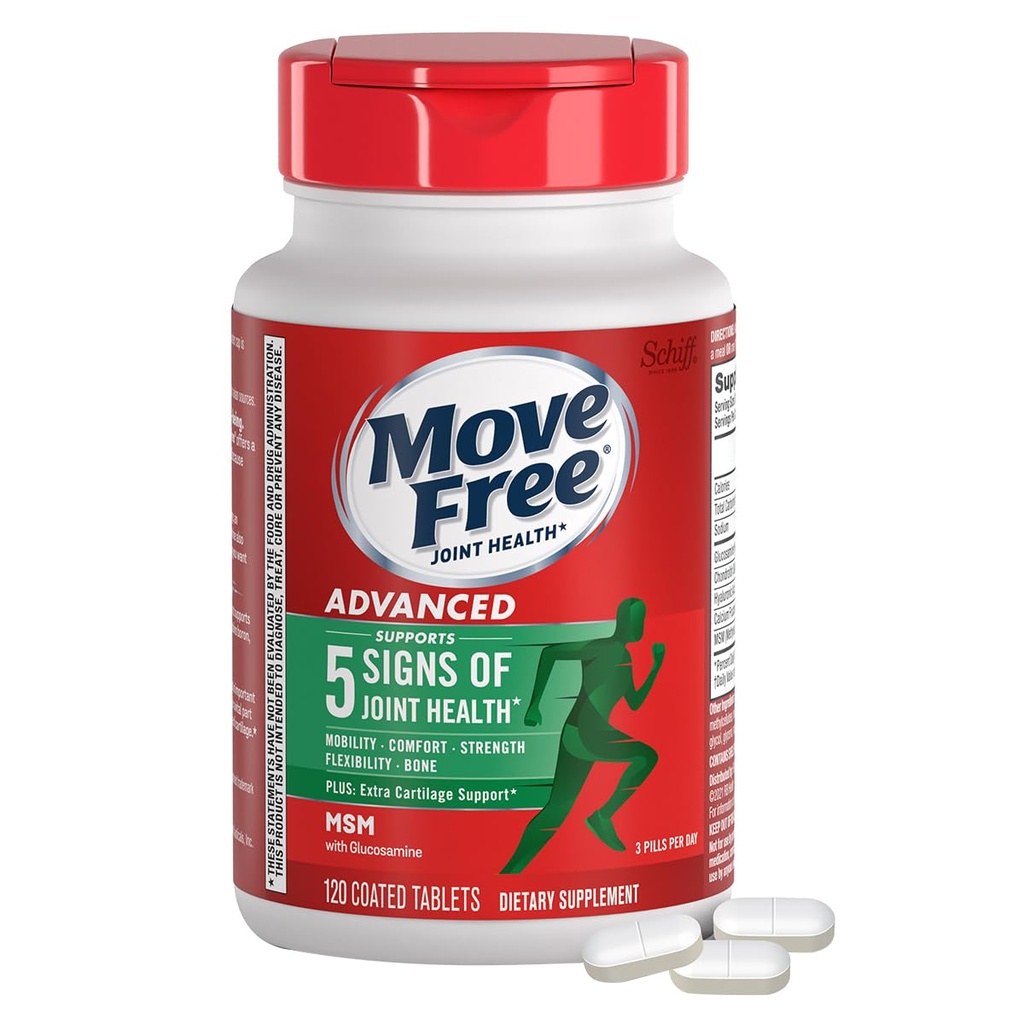 Move Free Advanced Glucosamine Chondroitin MSM Joint Support Supplement, Supports Mobility Comfort Strength Flexibility & Bone - 120 Tablets (40 porciones)*