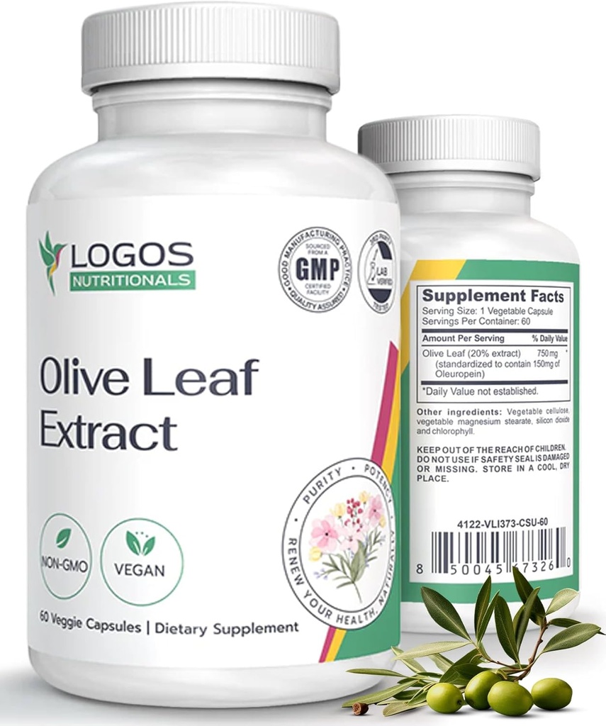 Cápsulas de extracción de la hoja de oliva - Suplemento inmune para mujeres, polifenol y Flavonoide para el bienestar general - No GMO y Cápsulas de aceite de oliva vegano - 60 Conde