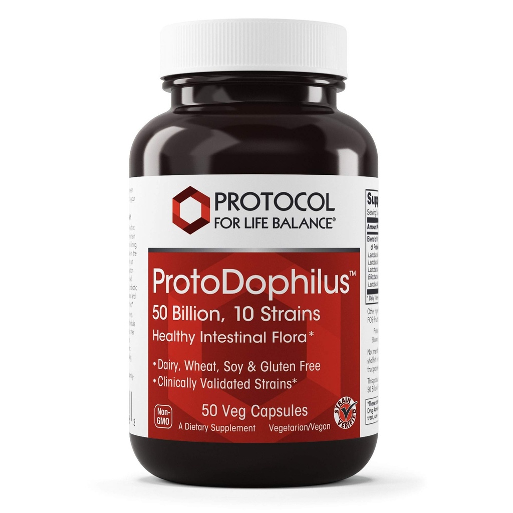 PROTOCOLO PARA LA BALANCE DE VIDA - ProtoDophilus - 50 Billones, 10 Strains - Flora Probiótica Intestinal Saludable para apoyar Función Digestiva y Salud Inmune - 50 cápsulas de veg