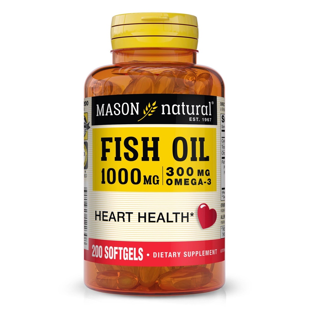 MASON NATURAL Omega,3 Fish Oil, 200,Day Supply, 1000mg con EPA y DHA para soporte conjunto, Softgel Pills
