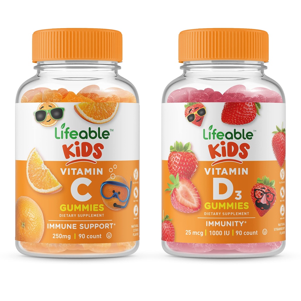 Vitamina D Niños + Vitamina C Niños, Gummies Bundle - Gran Tasting, Suplemento de vitaminas, Gluten Gratis, GMO Gratis, Chewable Gummy