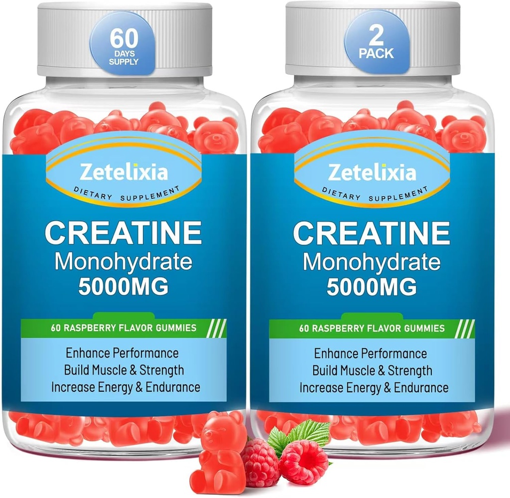 2 Pack Creatine Monohydrate Gummies, Creatine Monohydrate for Men &amp; Women, Enhanced Formula with BCAA, Vitamina B12, Taurine, Muscle Support, Energy Boost, Sugar Free, Vegan, 120 Count