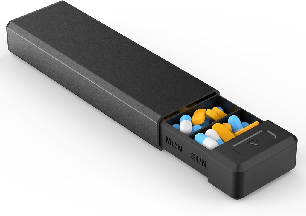 Organizador de píldoras HEIYING con cáñamo de aluminio para una semana Capacidad, Portable 7 piezas Contenedor de la caja de píldoras para mantener vitamina, medicina, suplementos