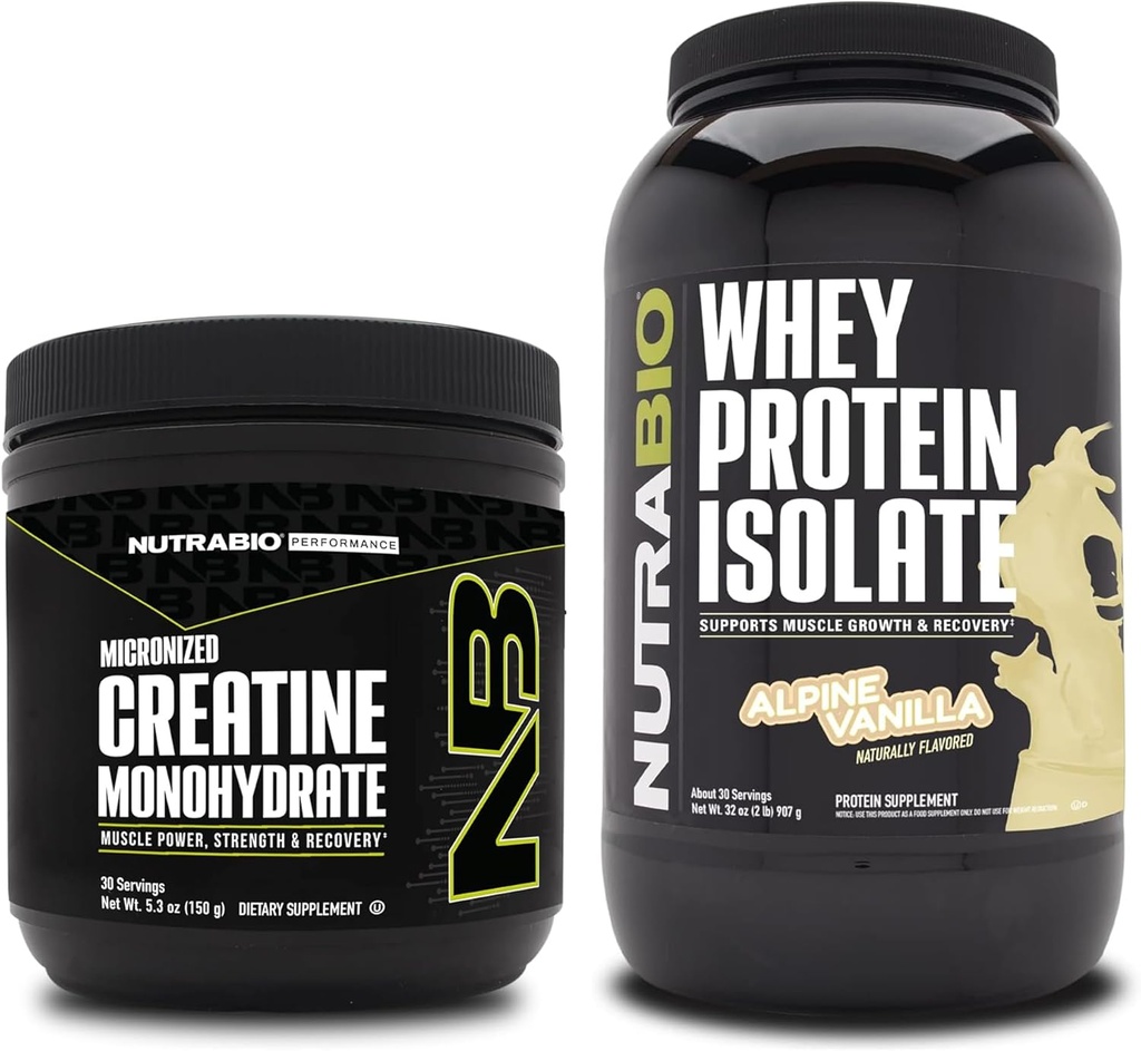 NutraBio Creatine Monohydrate, Unflavored, 150g y Whey Protein Isolate, Alpine Vanilla, Suplemento Bundle - Muscle Energy, Lean Muscle Growth, Recovery, and Strength