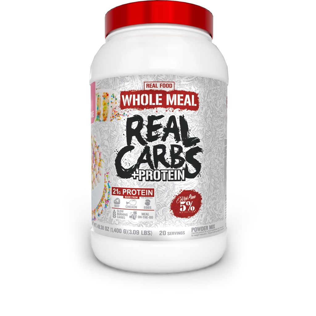5% Nutrition Rich Piana Real Carbs + Protein | Clean Mass Gainer Meal Replacement Protein Powder | Carbohydrate for Pre Workout/Post-Workout Recovery Meal | 3 lb, 20 Srvgs (Birthday Cake + Protein)