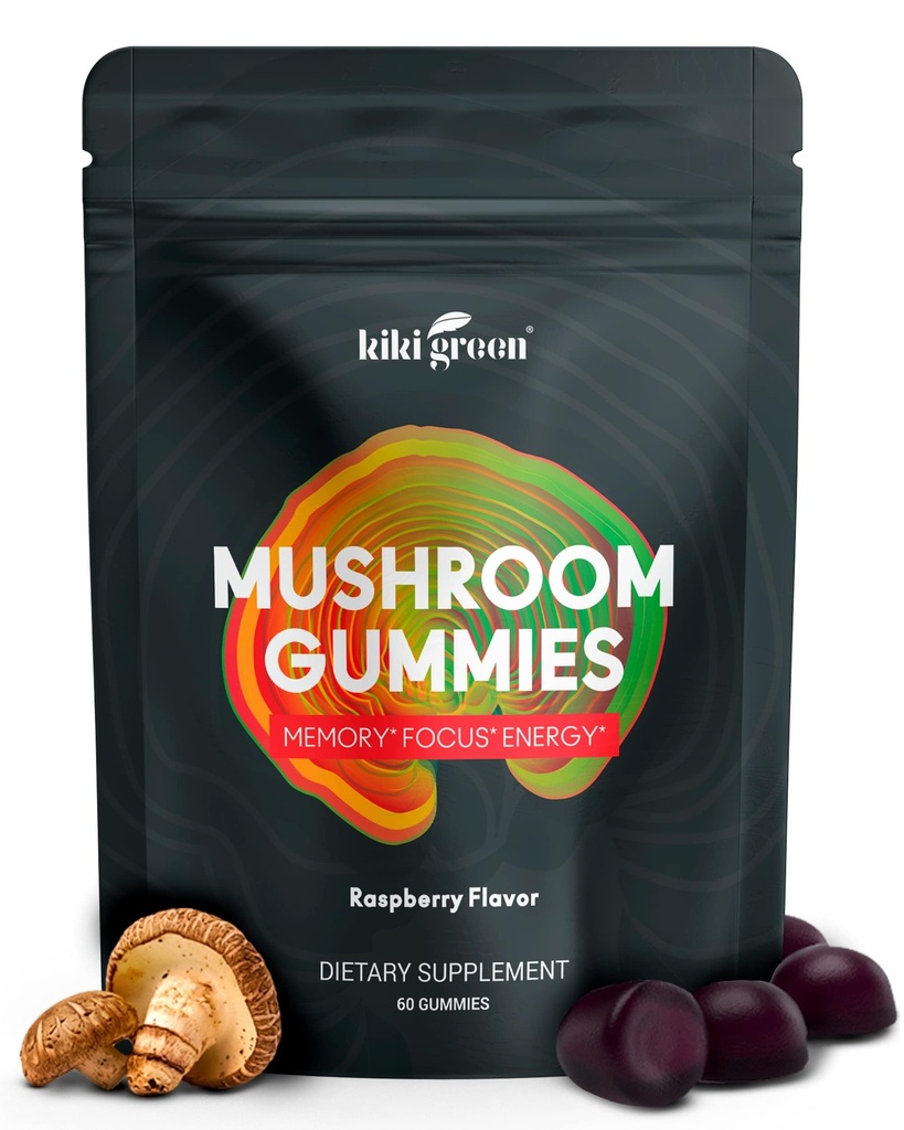 KIKI Green Mushroom Gummies with Lion's Mane and 9 Adaptogen Superfoods Blend - Chaga, Red Reishi, Cordyceps, Shiitake, Black Fungus ← 60 Conde, 10:1 Extracto