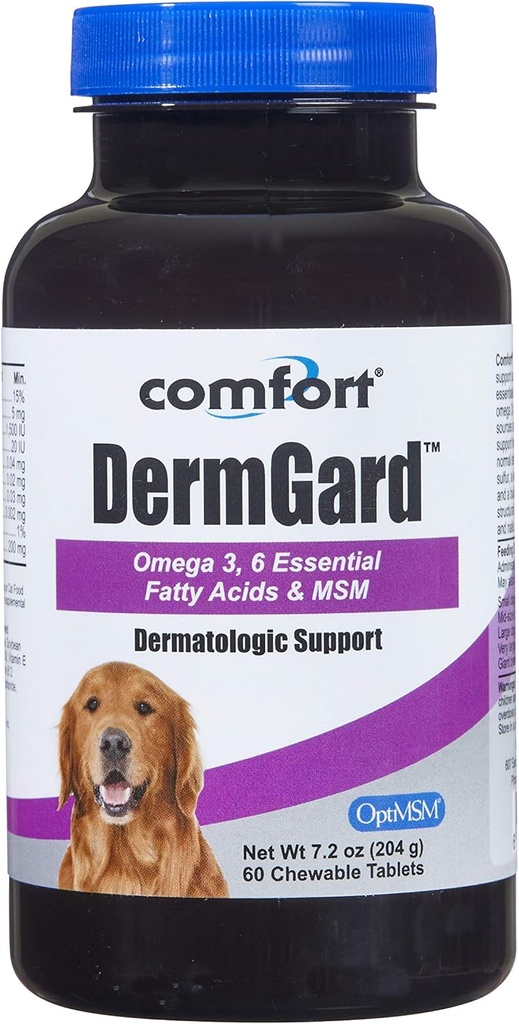 Kala Health Comfort DermGard Skin and Coat Supplement for Dogs, 60 Count, Supports Healthy Skin, Shiny " Reduce Excessive Shedding, Contiene MSM, Fish Oil " Omega 3, 6, y 9 ácidos grasos esenciales