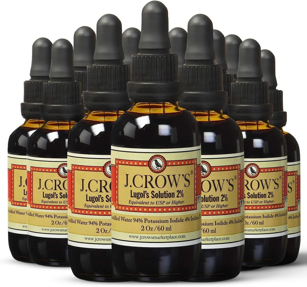 J.CROW'S® Lugol's Solution of Iodine 2% 2 oz (12 botellas) – Premium Iodine ' Potassium Iodide Liquid, Gluten " , Alcohol-Free Natural Brine Extract, No Expiration