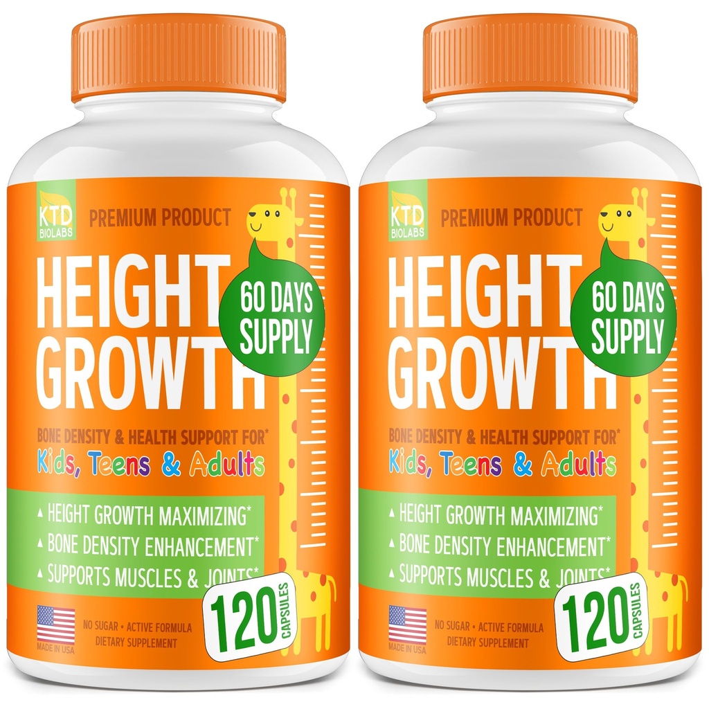 Pack de 2 Maximizador de crecimiento de altura - Hecho en EE.UU. - Aumentar la altura natural Booster &amp; Vitaminas Adolescentes - Píldoras para crecer más alto en cualquier edad - Suplemento de crecimiento de huesos para adultos &amp; niños - 120 cápsulas