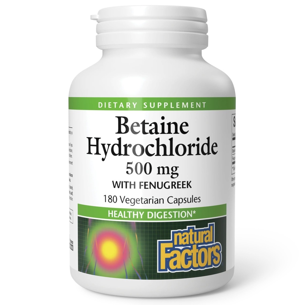 Factores naturales, Betaine HCL 500 mg, soporta la digestión saludable y un microbioma saludable, 180 cápsulas (180 porciones)