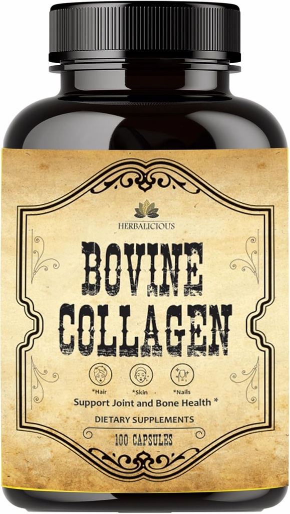 Bovine Collagen Suplementos para Hombres y Mujeres ← Hidrolyzed Grass-Fed Bovine Collagen Peptides ← Joint, Nerve & Bone Support ← Non-GMO, Anti-Aging  100 Capsules