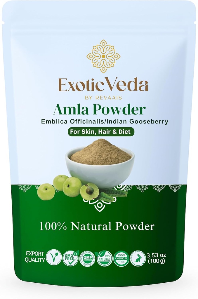 Amla Powder Silencio 100% Puro " Natural Indian Gooseberry ← Ayurvedic Herbal Suplemento para el cuidado del cabello, Skin Glow " Wellness ← Non-GMO, No Additives, Preservatives or Fillers TEN 100g Pouch
