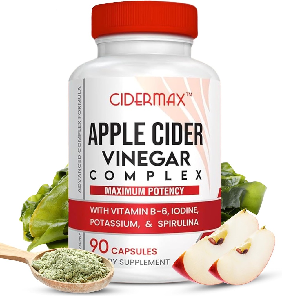 Complejo de vinagre de manzana cápsulas - 90 días de suministro de suministros para soporte de goma, peso equilibrado " Detox corporal - toda la vitamina natural B6, Kelp, potasio, " suplemento de espirolina por cidermax
