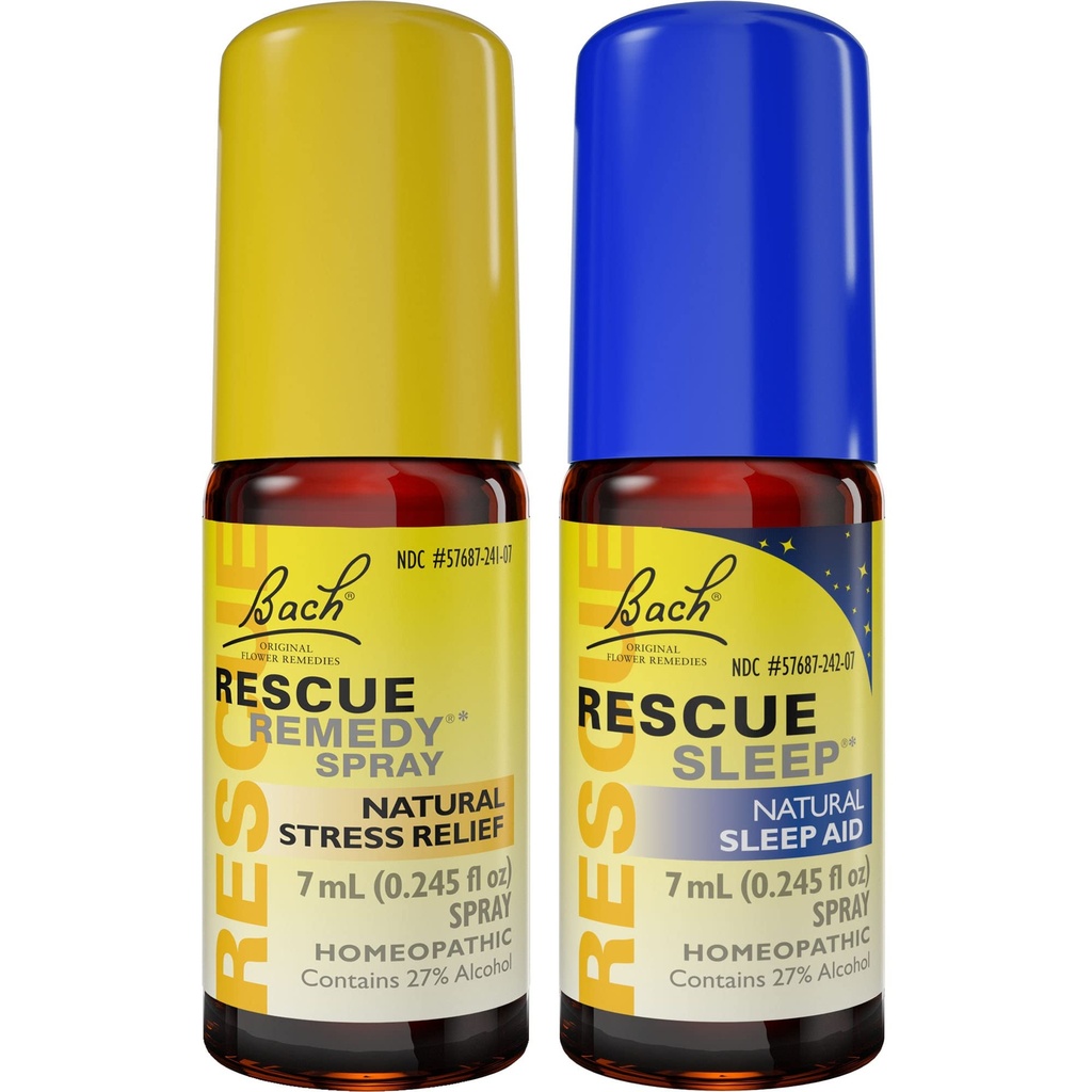 Day & Night Bundle, Bach RESCUE REMEDY Spray, Natural Stress Relief [y] RESCUE SLEEP Spray, Natural Sleep Aid - 2-Pk, Homeopathic Flower Essence, Vegan, 7mL Ea