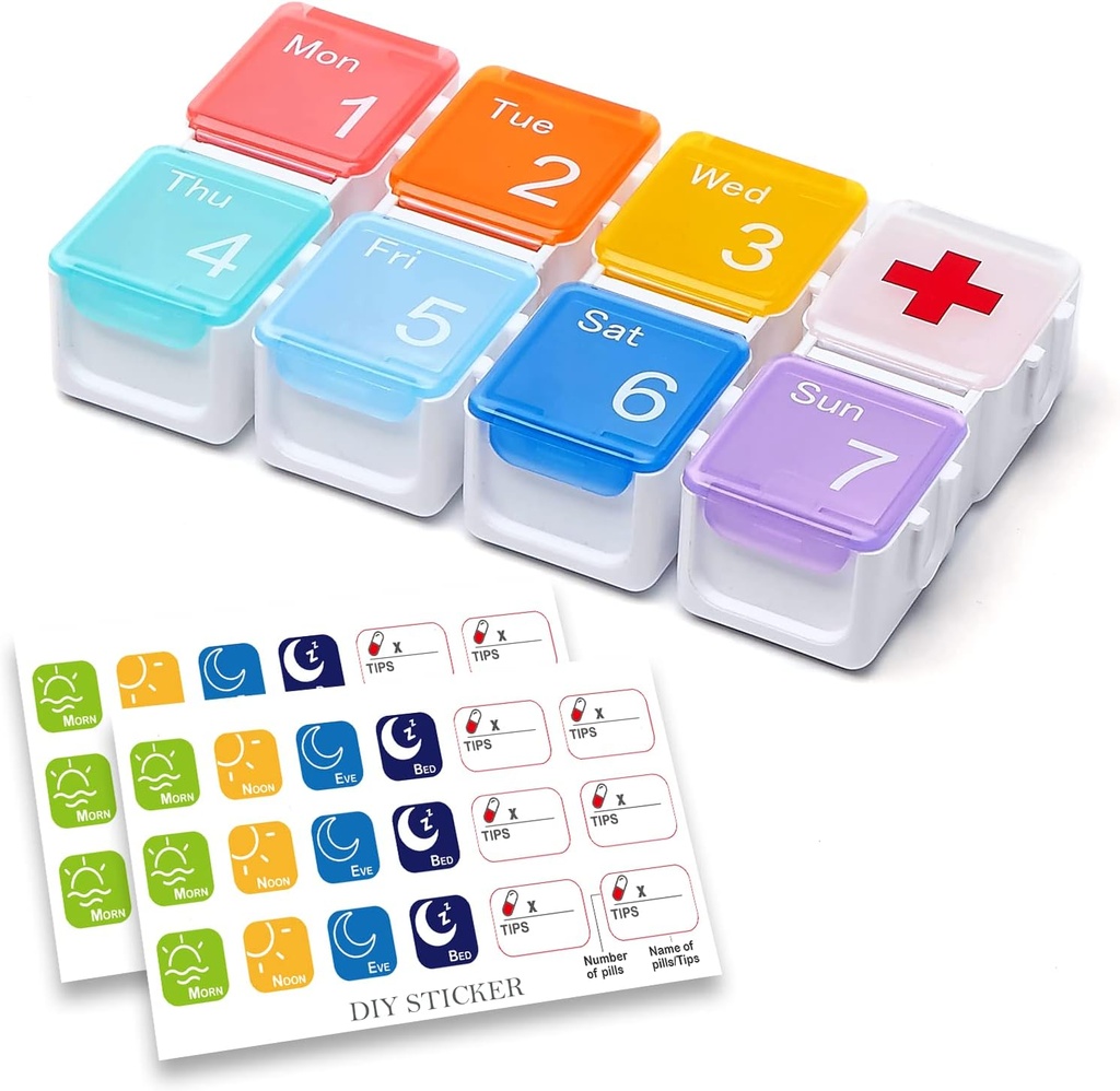 Organizador de medicamentos, DIY Travel Funda organizadora semanal de píldoras, Daily Pill Box/Container 7 Day, Pill Dispenser/Container for Vitamin/Fish Oil (1 Time A Day, Rainbow)