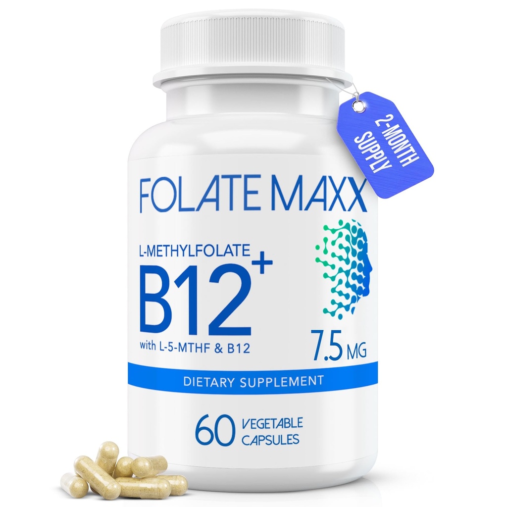 L-Methylfolate + B12 Methylcobalamin Blend 7.5mg - 60 cápsulas - ácido fólico activo " Metilcobalamina Blend 7.5mg " - 60 cápsulas - ácido fólico activo " Methylated B12-5-MTHF " B12 Suplemento para hombres " mujeres no OMG, sin gluten
