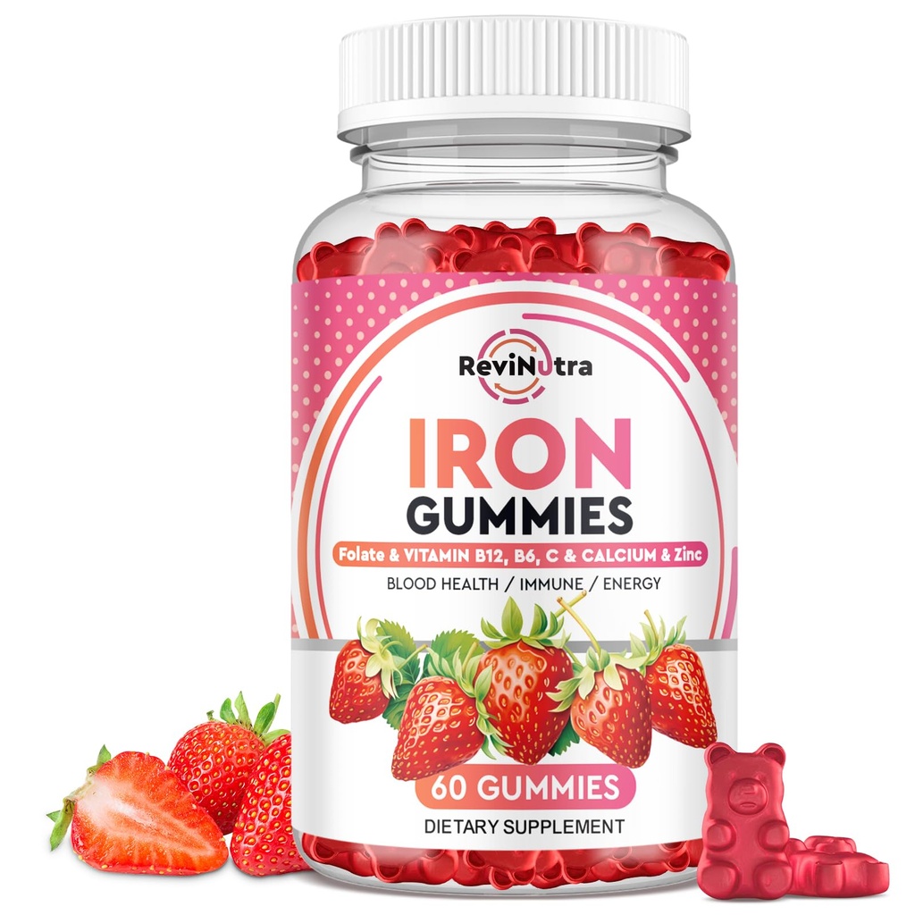 Gotas de hierro - con calcio, zinc, folato " Vitamina B12, C,B6 para adultos " Niños - Constructor de sangre " Apoyo energético para la deficiencia de hierro, anemia, Vegan - 60 Gummies