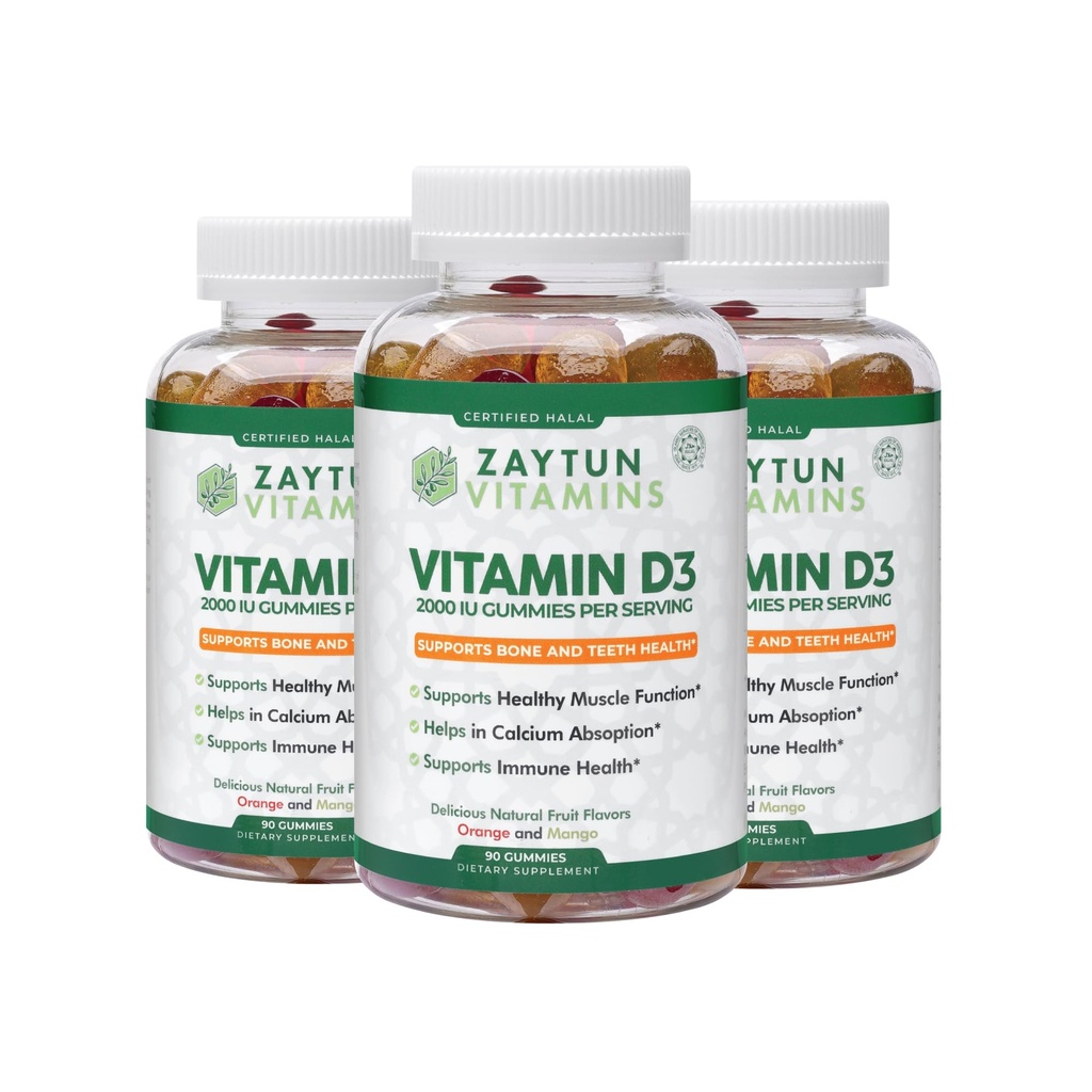 Zaytun Halal Vitamina D3 2000 UI Gummies, soporta Bone & Immune Health, promueve la función muscular, Gluten & Gelatin Gratis, (3-Pack) - Made in USA