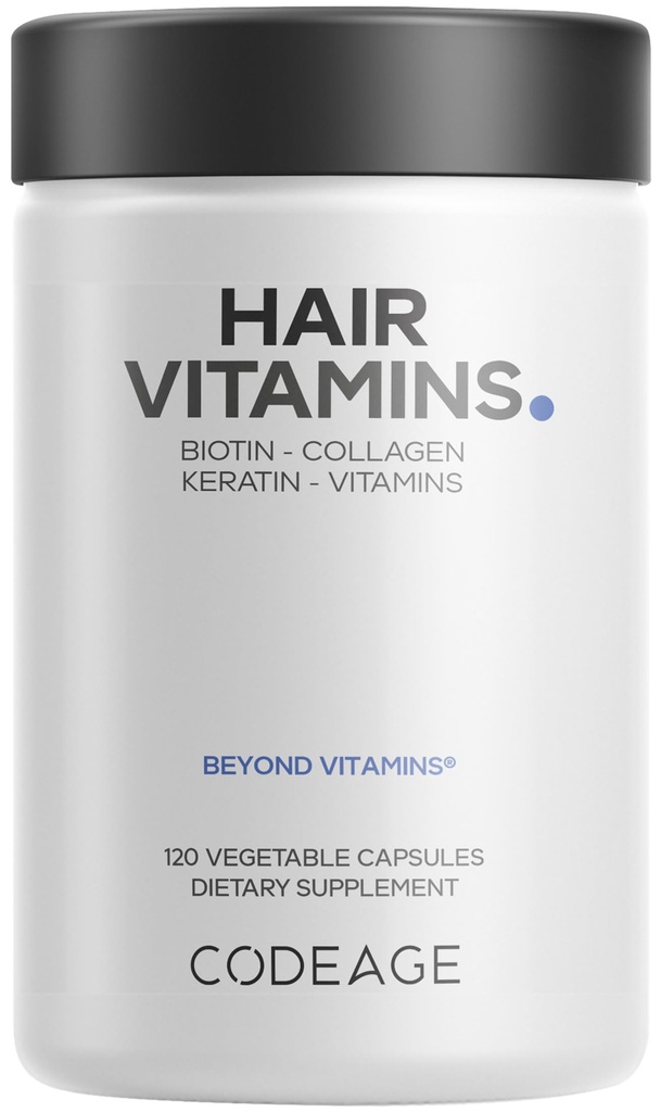 Codeage Hair Vitamins 10000 mcg Biotin, Keratin, Collagen, Vitamina A, B12, C, D3, E, Zinc, Turmérica, Probióticos, Enzymes, Inositol - Cuidado del cabello Soporte - Saludable Hair Supplement Pills - 120 Capsules