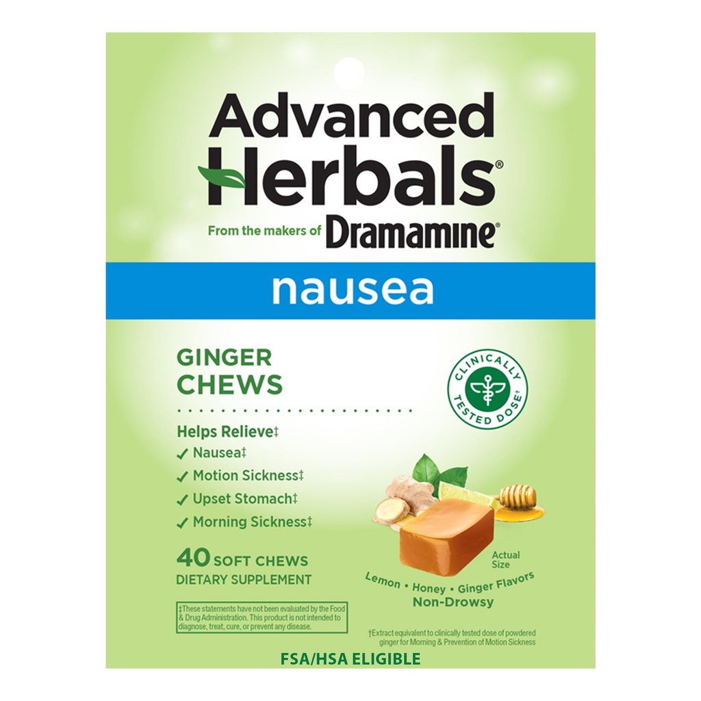 de los fabricantes de Dramamina, Herbals avanzados, Mandíbulas de jengibre, Mandíbulas suaves de Nausea Lemon-Honey-Ginger, 40 Conde