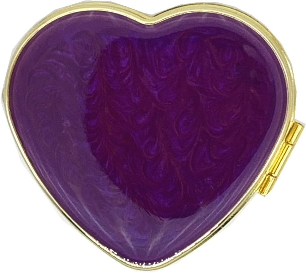 Pill Organizer Portable Compact Cute Retro Pill Box Metal Pill Case for Purse/Pocket to Hold Vitamins/Tylenol/Supplements/Fish Oil/Meds/Tablet(Noble Purple Love Heart with Mirror)