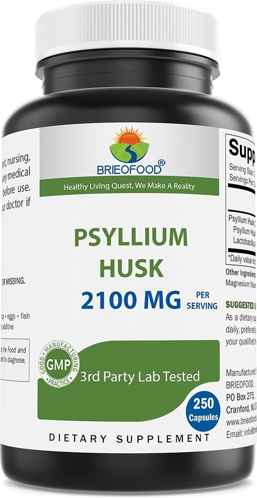 Brieofood Psyllium Husk Fiber Supplement with Lactobaciilus Acidophillus (La-14) - 2100mg por Serving - 250 Capsules - Helps Support Digestion, INTESTINAL Salud y regularidad