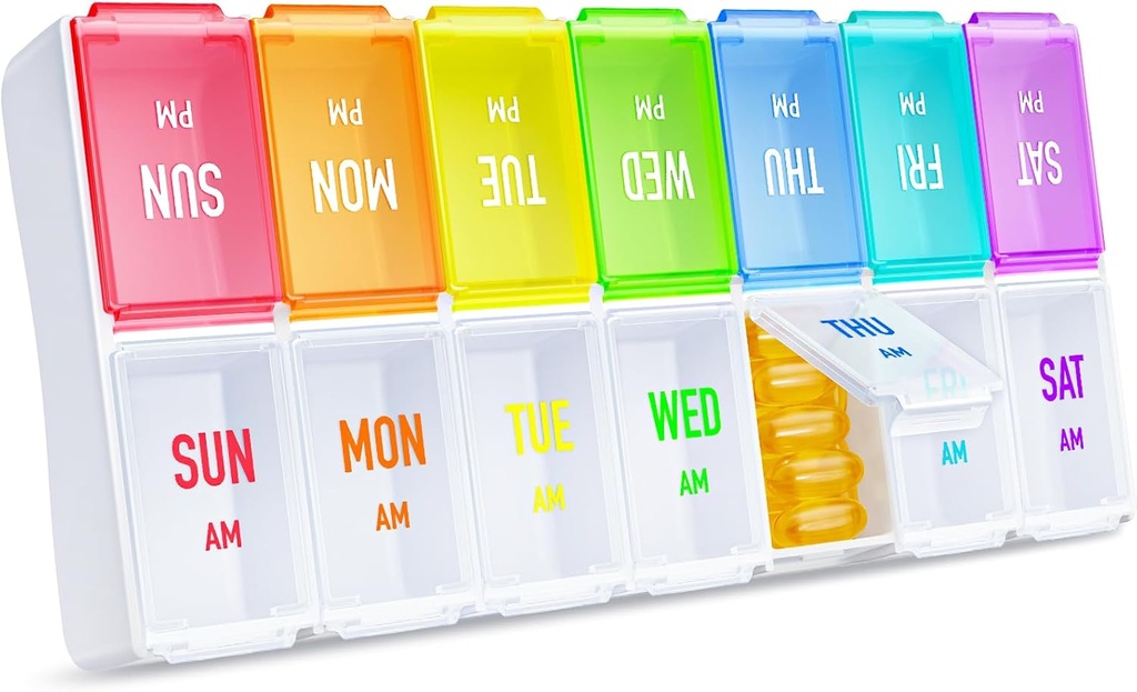 ZIKEE Rainbow Organizador semanal de píldoras 2 veces al día para el seguimiento fácil, AM Caso de píldoras, gran caja de 7 días Dos veces al día, organizador de medicamentos sin BPA para píldoras, vitaminas, aceites de pescado, suplementos
