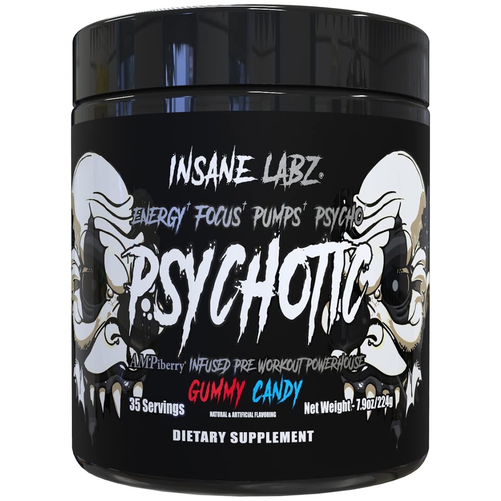 Insane Labz Psychotic Black Edition Mid Stimulant Pre Workout Powder, Energy Focus Pumps, Cargado con Creatine Beta Alanine Taurine Fueled por AMPiberry, 35 Servings (Gummy Candy)