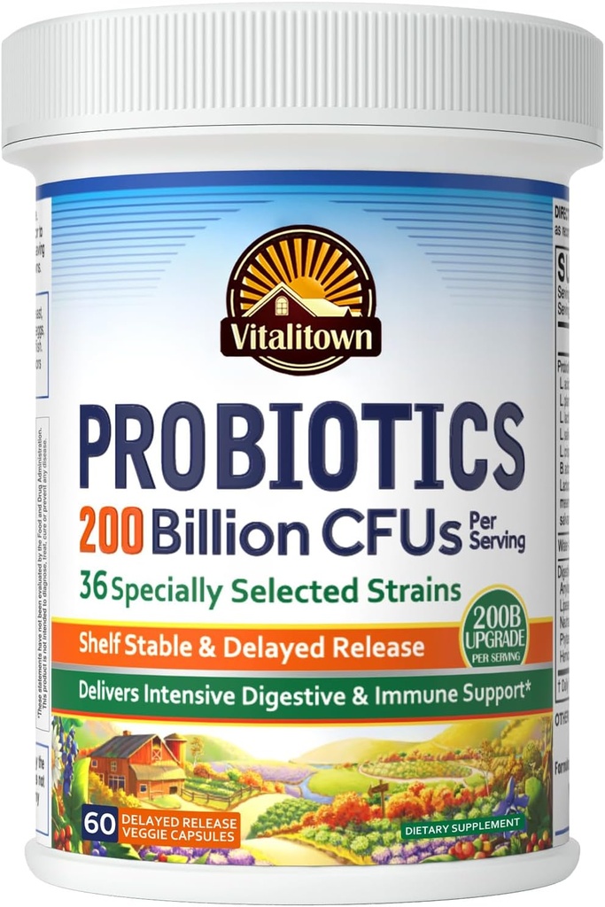 Probióticos de Vitalitown 200 Billones CFUs 36 Strains ← Estable, Acid & Bile Resistant TEN Intensive Digestive & Immune Support ← Hombres & Mujeres Probióticos TEN Vegan No-GMO ANTE 60 ct