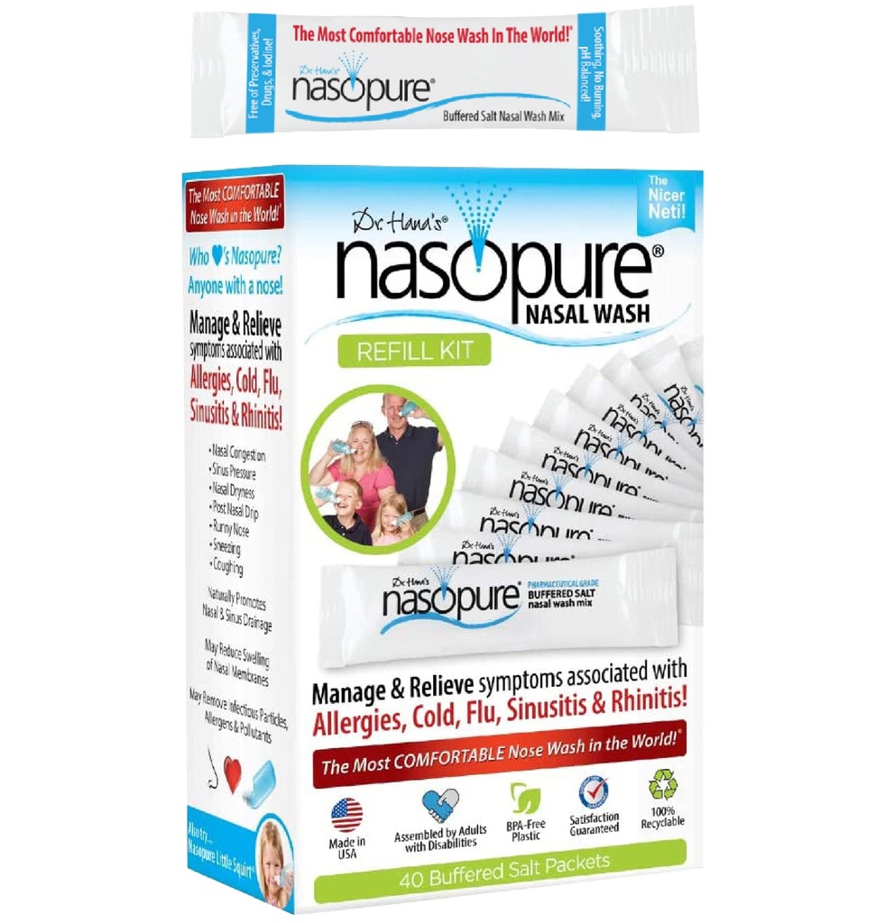 Nasopure Nasal Wash, Refill Kit, “The Nicer Neti Pot” Sinus Wash Kit, Cómodo Nasal Rinse 40 Sal Packets (3.75 Gramos Cada uno), Nasal Congestion, Frío, Flu, Alergía, Nasal Irrigation System, Lavage