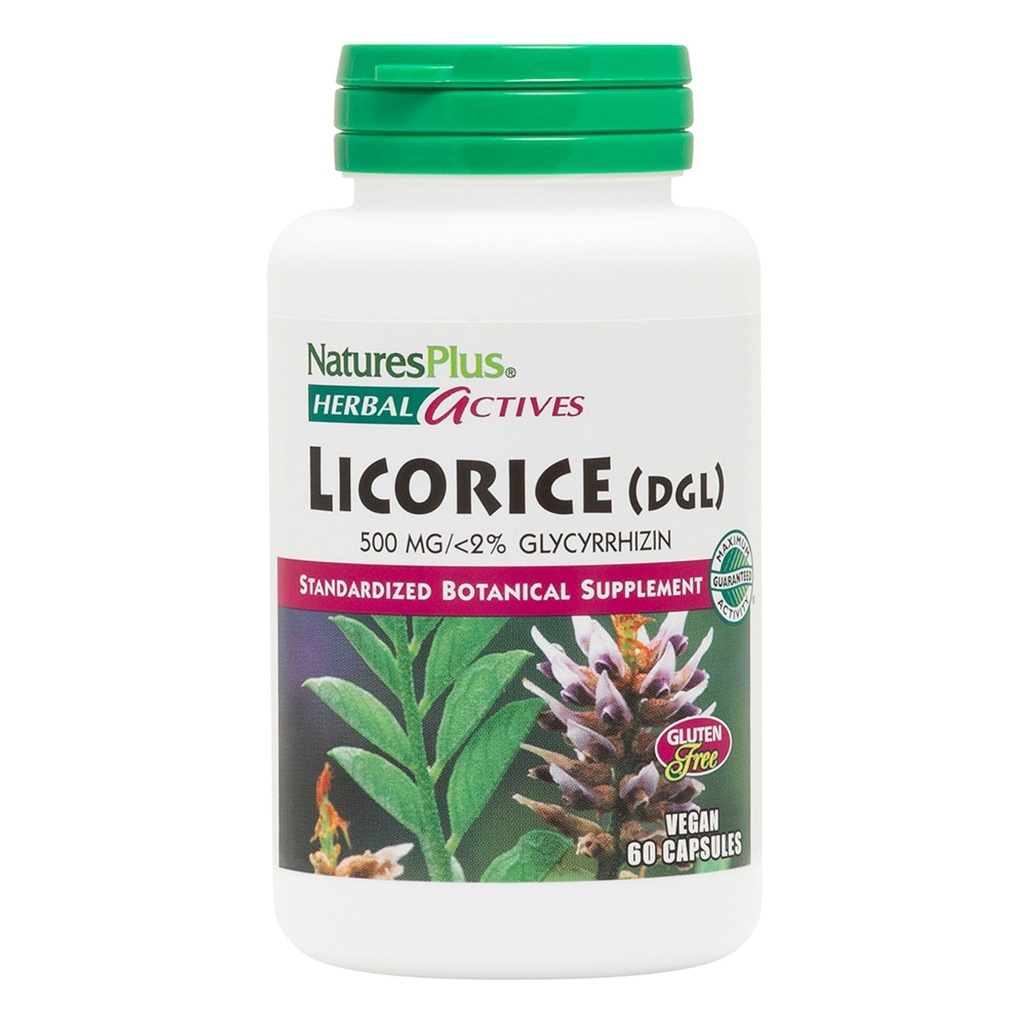 Natures Plus Herbal Actives Licorice (DGL) Capsules - 500mg, 60 Suplementos veganos - Vegetariano, libre de gluten - 60 Servimientos