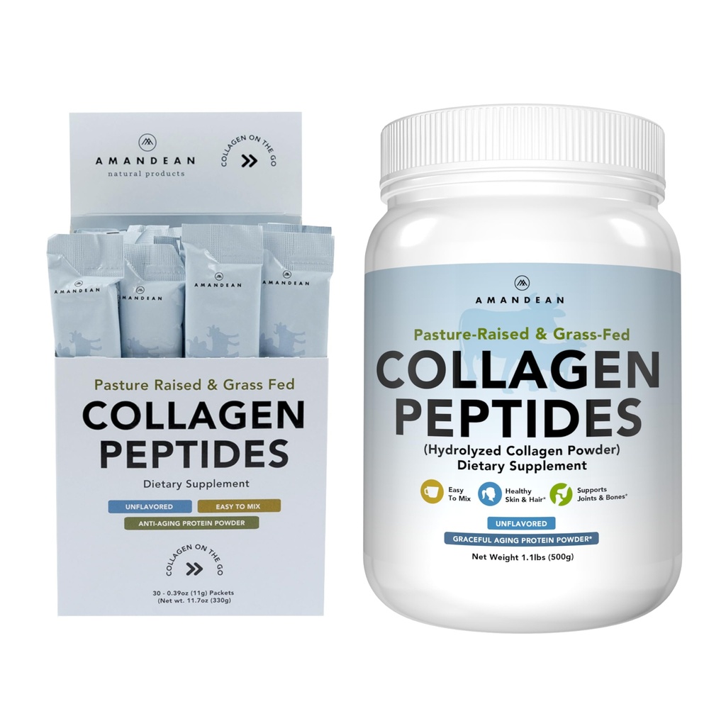 AMANDEAN Collagen Peptides Bundle. 1kg & Stick Packs. Proteína con 18 Aminoácidos para la piel sana, el pelo, las uñas. Fácil de mezclar, sin sabor, no GMO