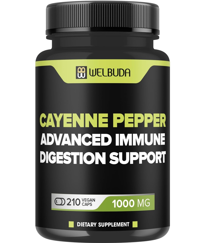 WELBUDA 210 Capsules - Cayenne Pepper Supplements Extract 10:1 with Berberine HCI, Garlic Bulb, Olive Leaf & More - Combined Formula for Digestive Health, Heart Health & Immunity Function Support