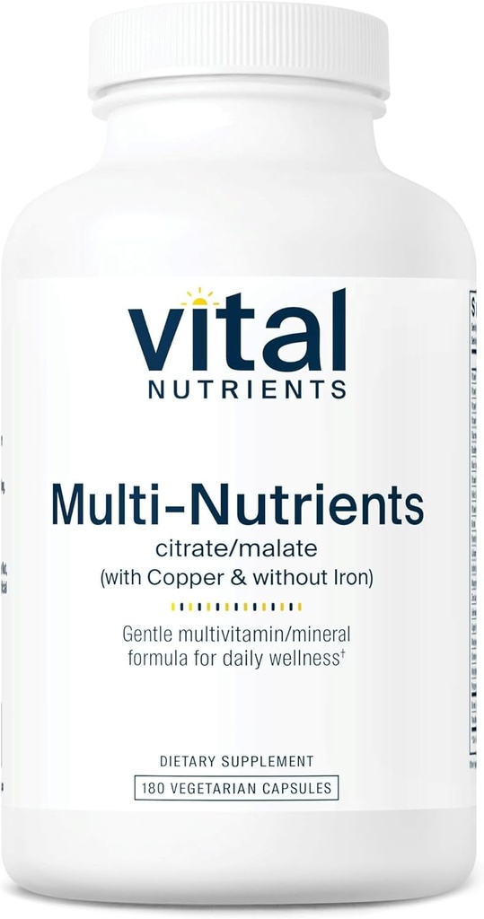 Nutrientes vitales - Multi-Nutrients 2 - Fórmula de Citrato/Malato (con Cobre y Sin Hierro) - Multi-Vitamin/Mineral, Antioxidantes de Potente, Forma Biodisponible Gentil - 180 cápsulas vegetarianas por botella
