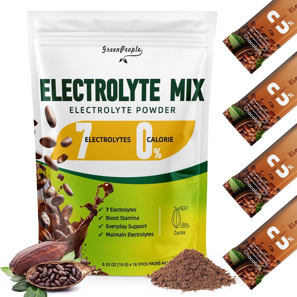 Zero Sugar Electrolyte Powder Mix - Hydration Packets, Cocoa Flavor - 7 Electrolytes - Vegano, no GMO - 16 palos