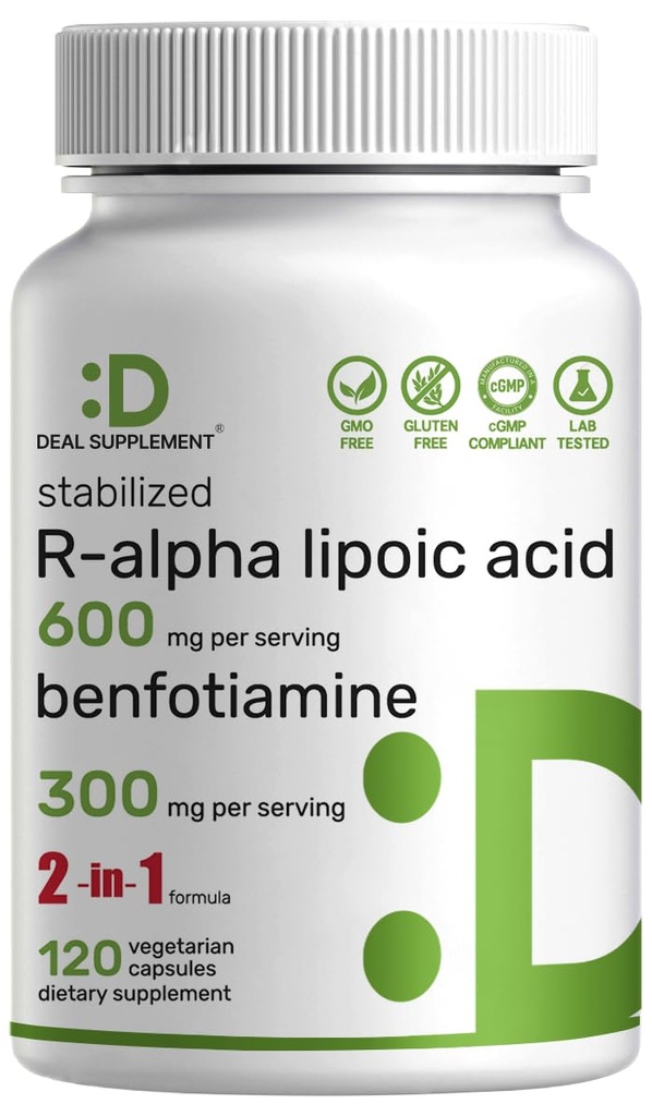 DEAL SUPPLEMENT R Alpha Lipoic Acid 600mg con Benfotiamine 300mg Por Serving, 120 Veggie Capsules – 200mg R-ALA Por Capsule – Suplemento Antioxidante para Energía & Nervous System Support